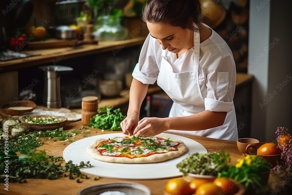 woman cooking pizza in the kitchen