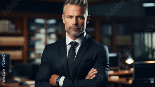 Portrait of confident mature businessman standing with crossed arms in office. Generative AI