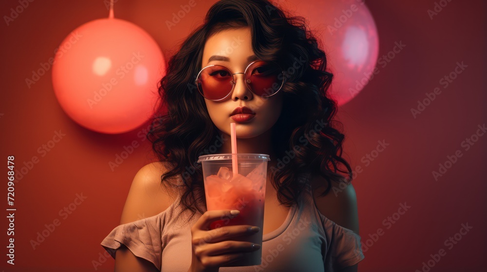 Asian Woman Enjoying Bubble Tea in Studio AI Generated