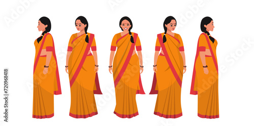 A Indian woman character model sheet. Woman creation set. Girl turnaround sheet
