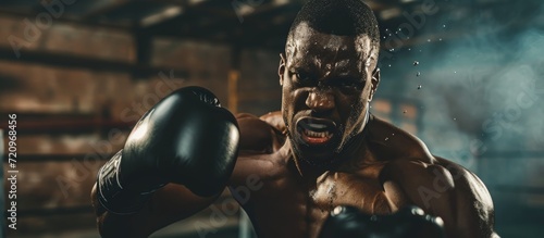 Angry African American boxer training with intensity in a dark gym. © 2rogan