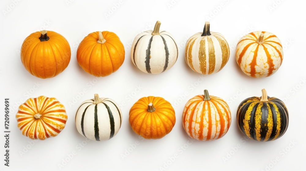 Set of decorative pumpkins isolated on white background, top view. Generative AI