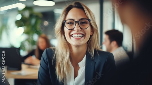 Portrait of smiling businesswoman in eyeglasses looking at camera in office Generative AI