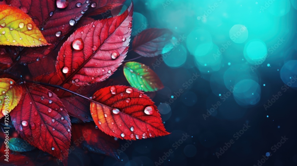 Autumn leaves with dew drops on dark blue background with bokeh Generative AI