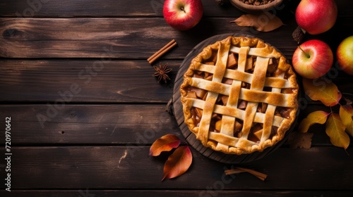 Homemade apple pie on a dark wooden background, top view, copy space Generative AI photo