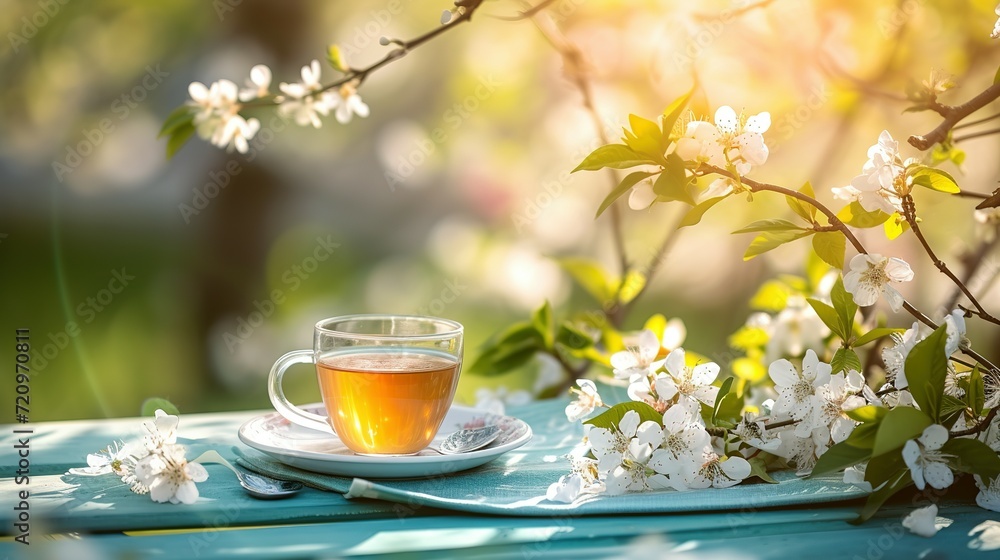 Serene Tea Setting with Fresh Blossoms in Garden Serene Tea Setting with Fresh Blossoms in Garden
