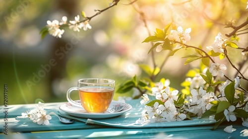 Serene Tea Setting with Fresh Blossoms in Garden