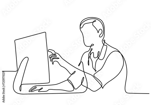 continuous line drawing of professional young business man using digital mobile phone tablet computer working and writing work plan in personal notebook isolated on white background