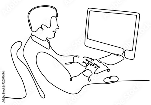 continuous line drawing of professional young business man using digital mobile phone tablet computer working and writing work plan in personal notebook isolated on white background