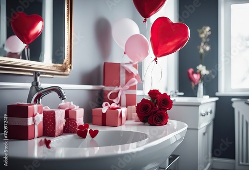 Valentine's Day gifts heartshaped balloons decorated bathroom Interior