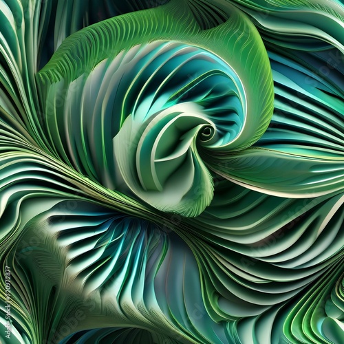 Organic fractal pattern, swirling green and blue shapes, abstract nature concept, 3D rendering3