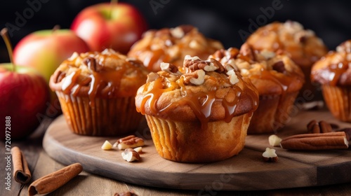 Homemade apple muffins with caramel and nuts, selective focus. Generative AI