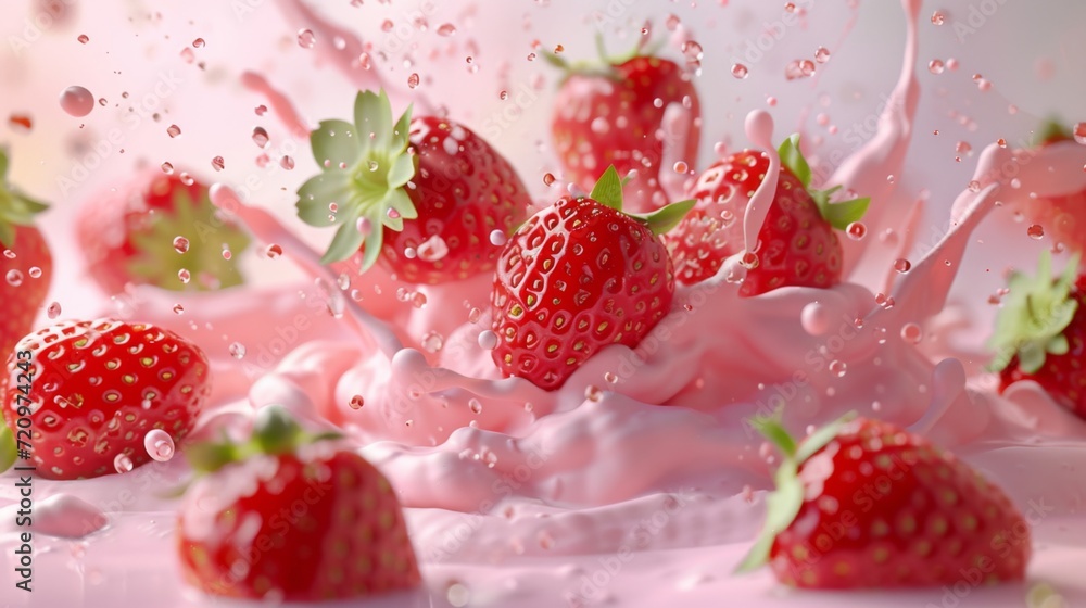 lively scene where ripe strawberries are falling and landing on a layer of pink cream lively scene where ripe strawberries are falling and landing on a layer of pink cream