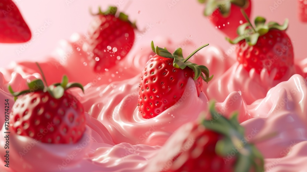 lively scene where ripe strawberries are falling and landing on a layer of pink cream lively scene where ripe strawberries are falling and landing on a layer of pink cream