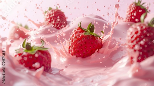 lively scene where ripe strawberries are falling and landing on a layer of pink cream