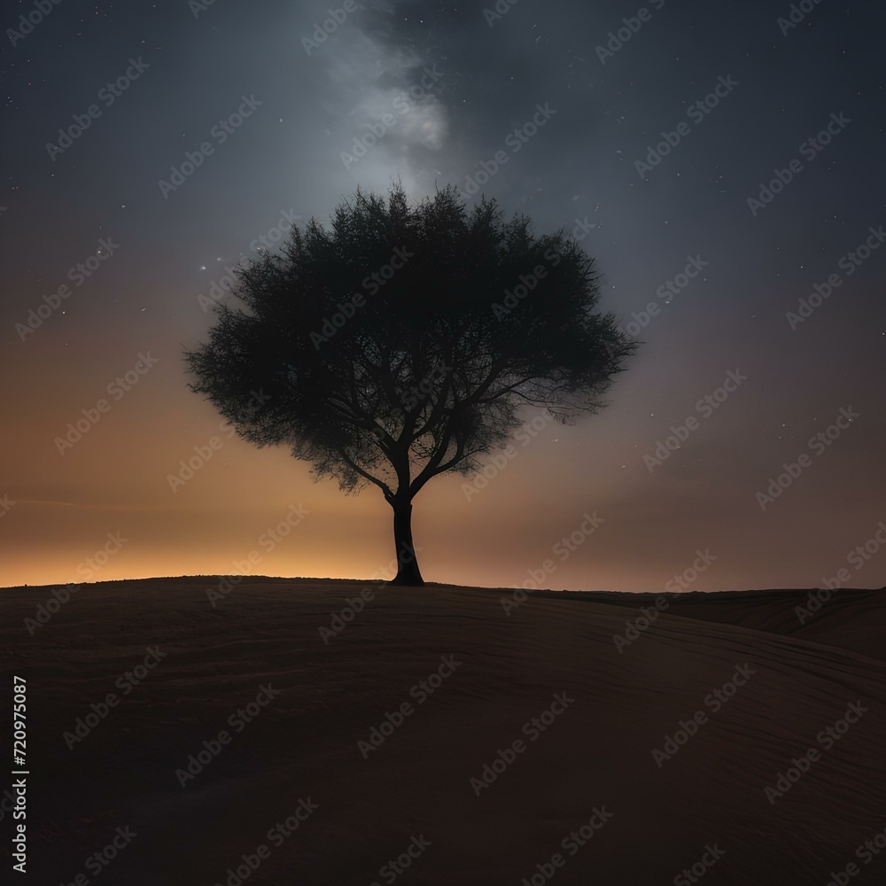 Starry night sky, silhouette of a lone tree, peaceful and contemplative scene1