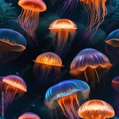 Ethereal underwater scene, bioluminescent jellyfish in a dark abyss, digital artwork4