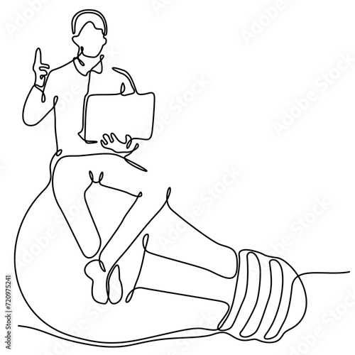 continuous line of young happy smiling male employee manager character sitting on light bulb