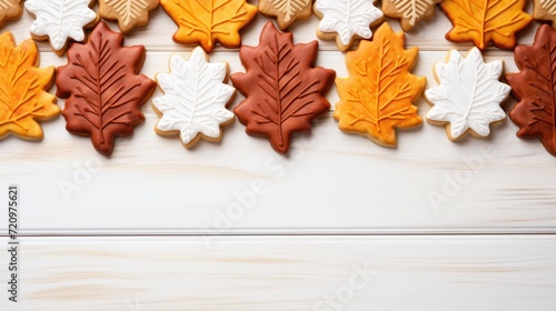 Autumn cookies on a white wooden background. Top view with copy space. Generative AI