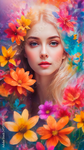 Blonde Beauty Amidst a Tapestry of Orange and Pink Blooms.