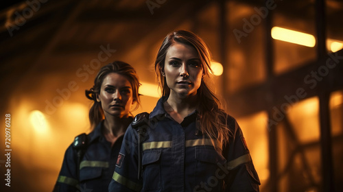 Group of young beautiful women firefighters in special uniforms against background of fire. Female portrait. Blonde and brunette woman on fire. White adult people. Team work. Blurred background photo