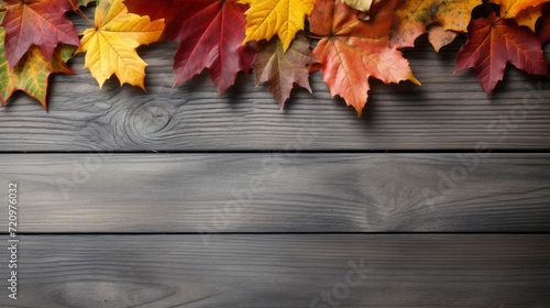 Autumn leaves on wooden background with copy space for your text. Generative AI