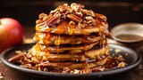 Stack of homemade pancakes with honey and pecan nuts on wooden background Generative AI