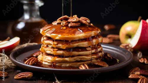 Pancakes with honey and pecan nuts on a dark wooden background Generative AI