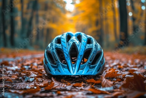 Bicycle helmet in the forest. Background with selective focus and copy space photo