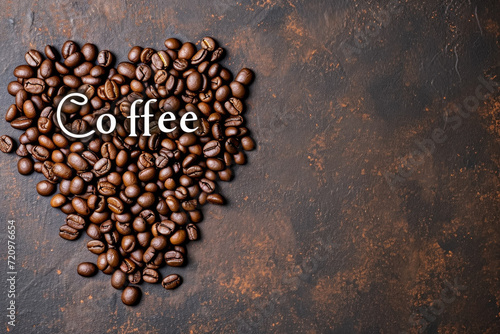 Coffee beans in the shape of a heart. Background with selective focus and copy space