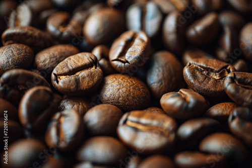 Coffee beans close up. Background with selective focus and copy space
