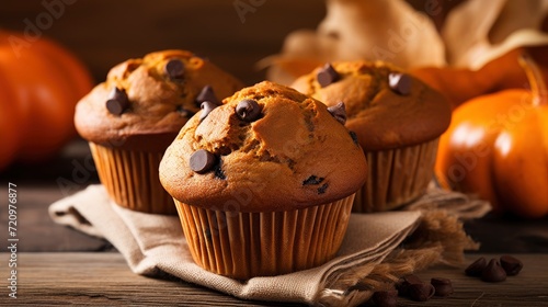 Chocolate muffins with chocolate chips and pumpkins on wooden background Generative AI