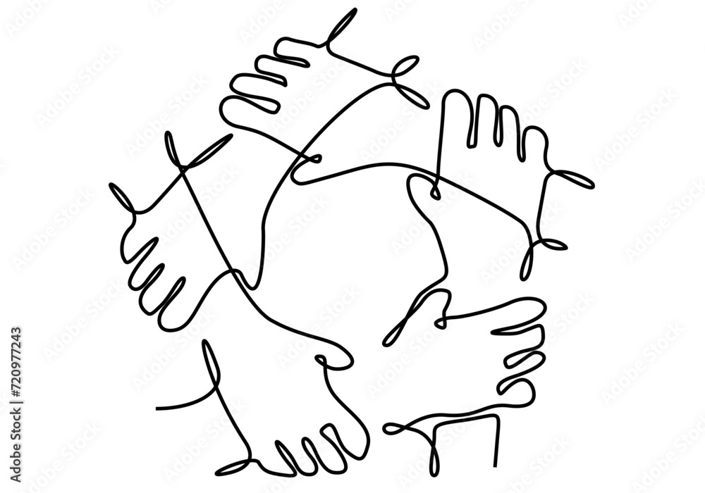 team work continuous line, five hands united success vector illustration team work continuous line, five hands united success vector illustration