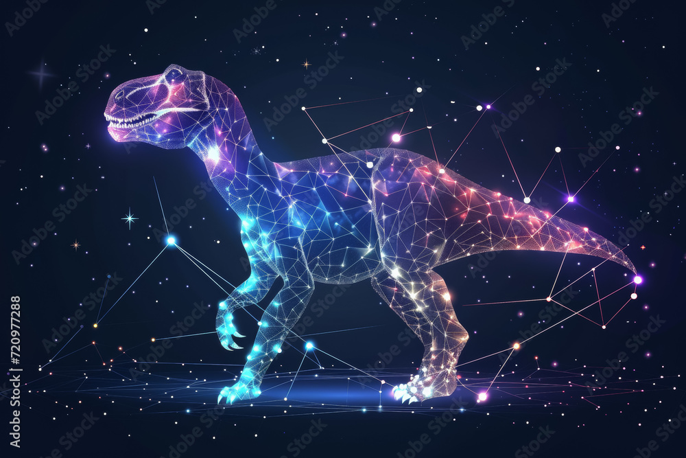 Dinosaur hologram made from digital dots. Background with selective focus and copy space Dinosaur hologram made from digital dots. Background with selective focus and copy space