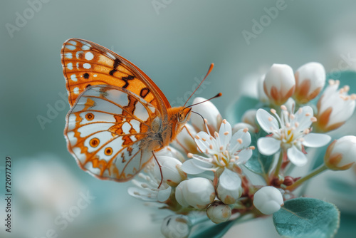 Butterfly on spring blooming fruit trees. Background with selective focus and copy space