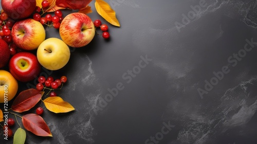 Autumn background with apples, berries and leaves on dark background. Generative AI