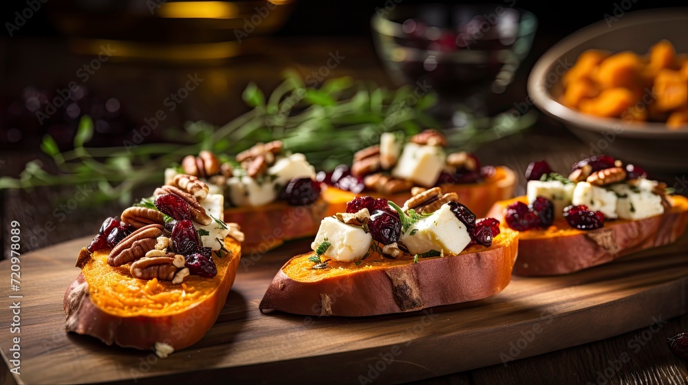 Baked pumpkin with blue cheese, cranberries, nuts and honey on a wooden board Generative AI
