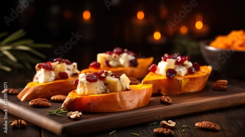 Baked pumpkin with cottage cheese, cranberries and nuts on wooden board Generative AI