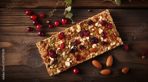 Healthy crispbread with raisins, almonds and cranberries on a wooden background Generative AI