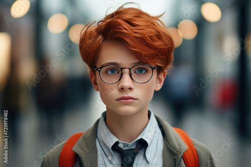 Schoolboy teenager with red hair. Little redhead nerd boy of school age in glasses, bow tie, jacket, backpack, shirt, school uniform. Concept of studying in gymnasium, reading, education, joy, learn