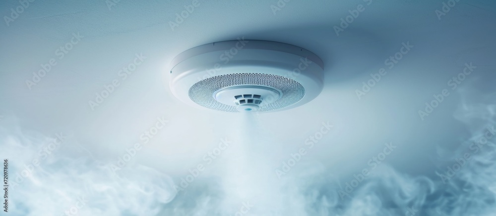 Smoke Detector on Ceiling in White, Emitting Smoke with a Calming Effect for Optimum Safety - obrazy, fototapety, plakaty 