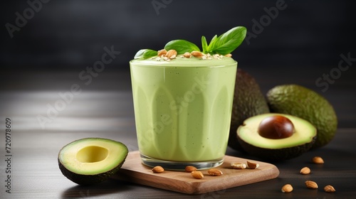 Avocado smoothie in glass with ingredients on wooden table.