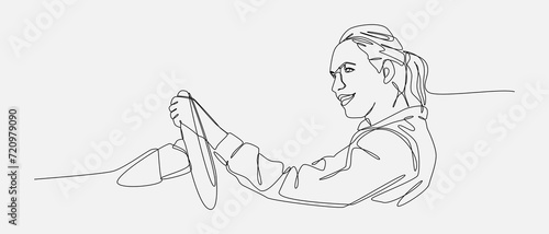 continuous one line drawing of female driver with happy expression, smile. editable stroke. vector illustration.