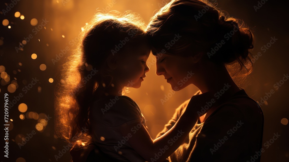 Loving Mother Embracing and Kissing Her Daughter in Backlight AI Generated