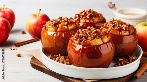 Baked apples with caramelized apples, nuts and honey on wooden background. Selective focus. Generative AI photo
