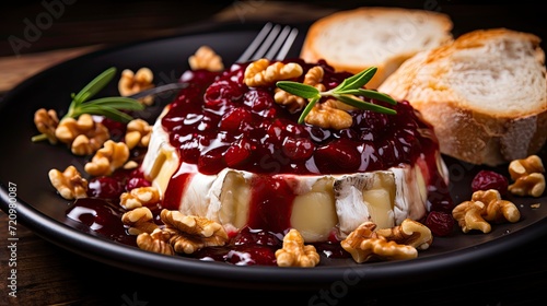 cheese with berry sauce and walnuts on a wooden background Generative AI