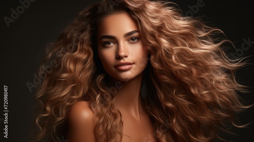Beautiful young woman with long curly hair. Portrait of a fashion model. Generative AI