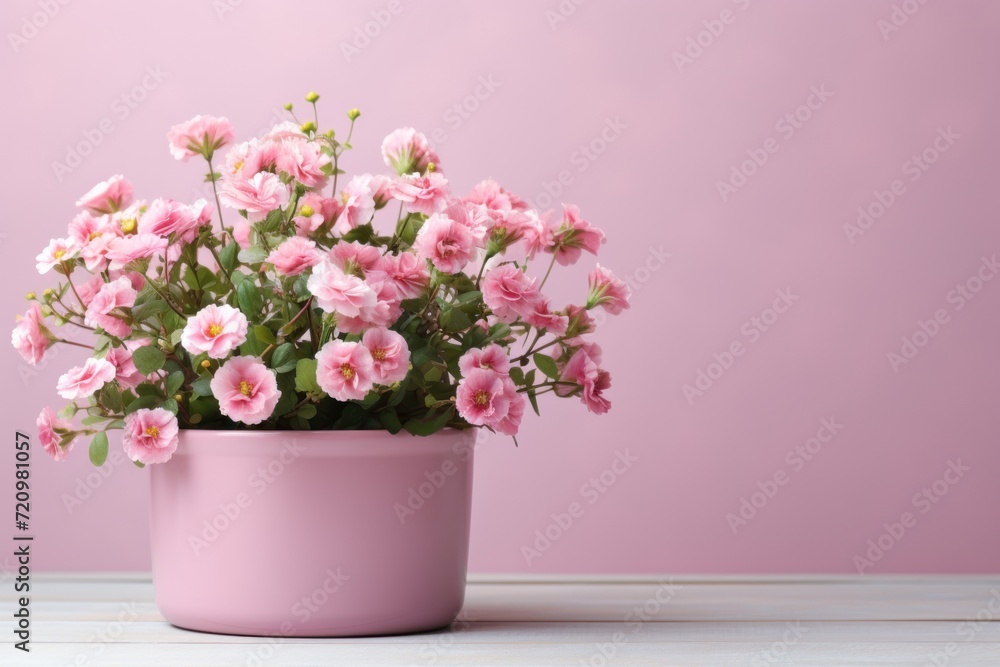 Pink flowers in vase on white wooden table and pink wall background