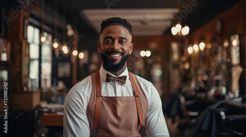Portrait of a smiling african american waiter standing in a cafe Generative AI