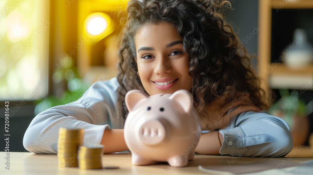 かわいい豚の貯金箱と貯金を楽しむ女性 Stock Photo Adobe Stock